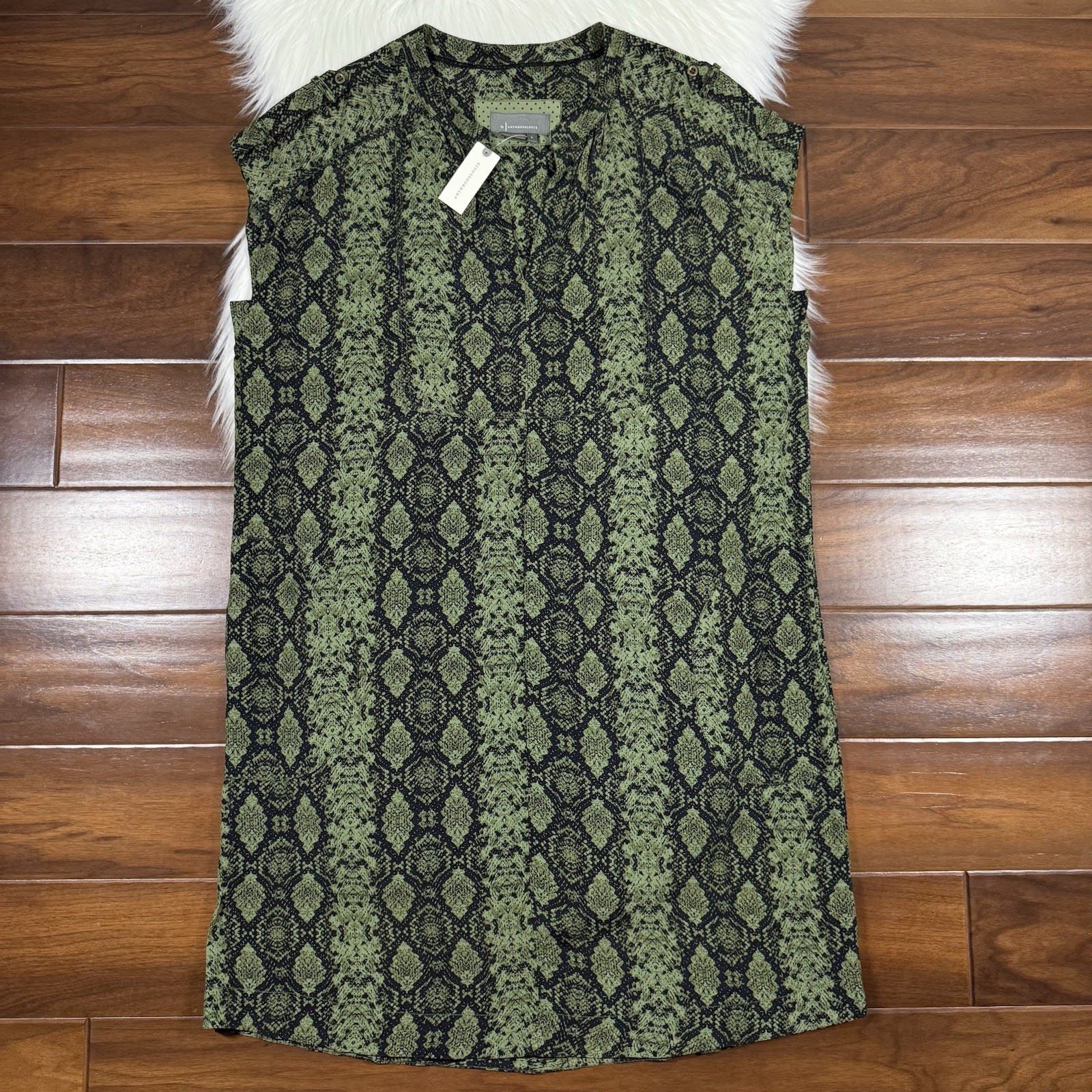 Anthropologie Women’s Size Large Green Snake Print Rachel Tunic Dress Pockets