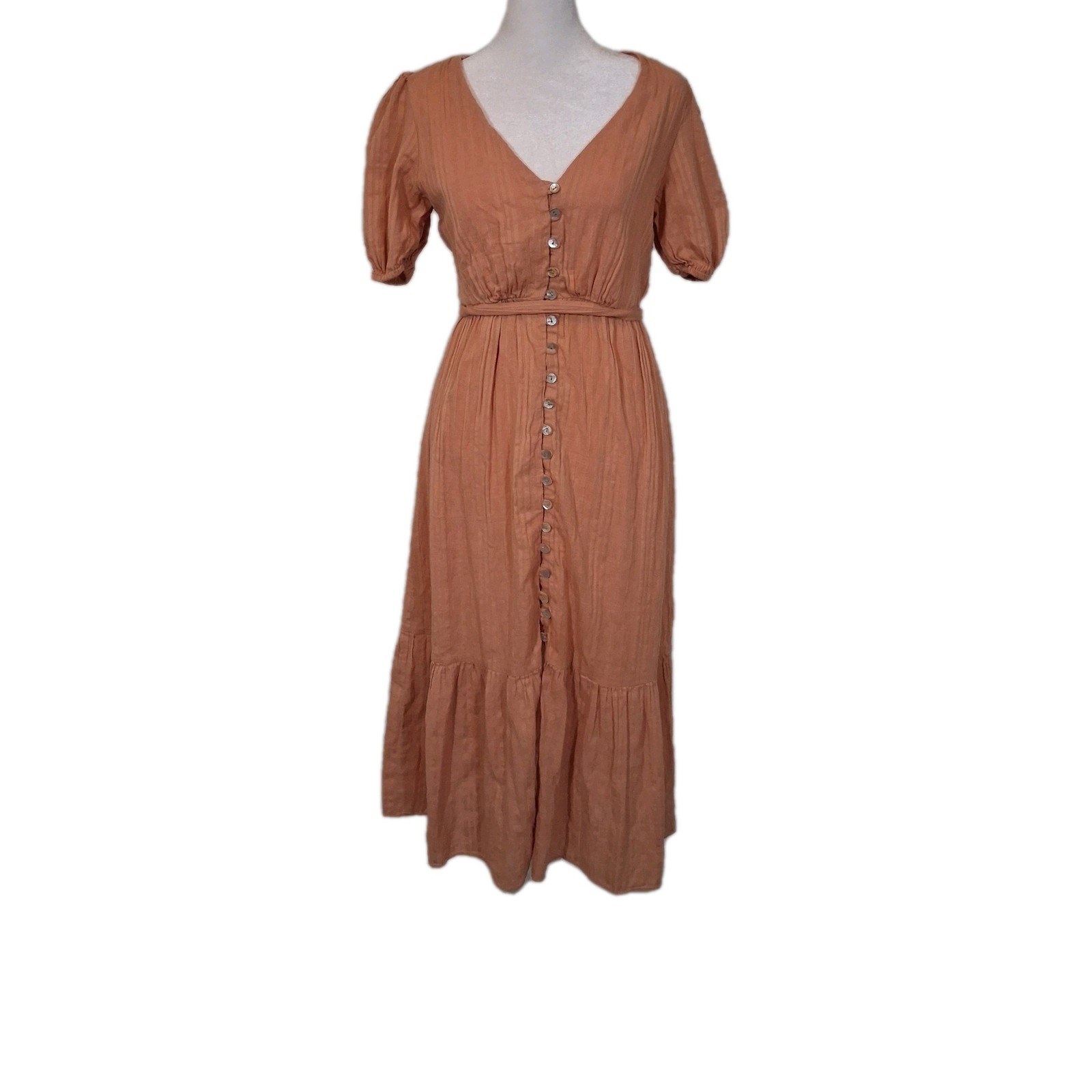100% Cotton Peach Dress Sz M Button Down Puff Sleeve Cottage Prairie Coquette