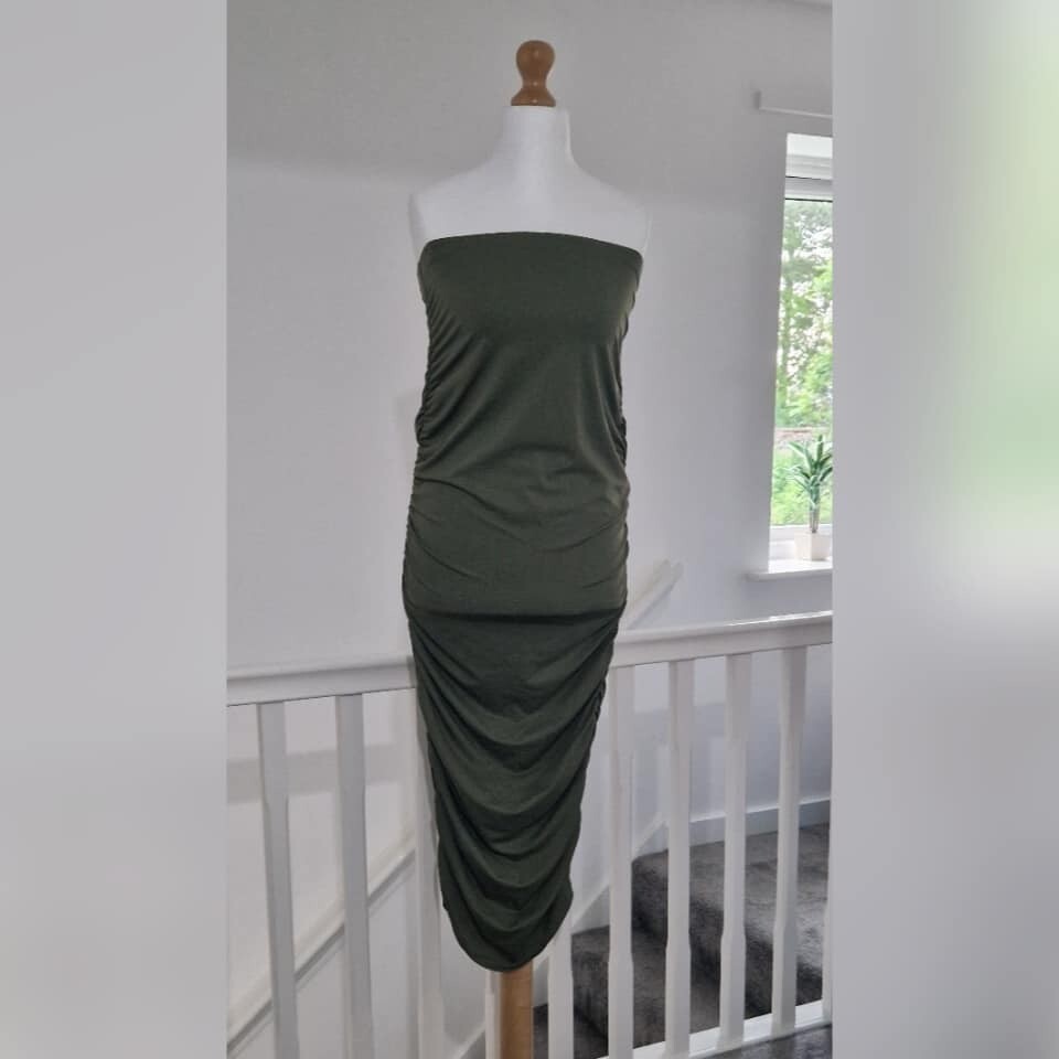 Ladies Khaki Green Strapless Ruched Bodycon Midi Dress Shein Designer UK 10-12