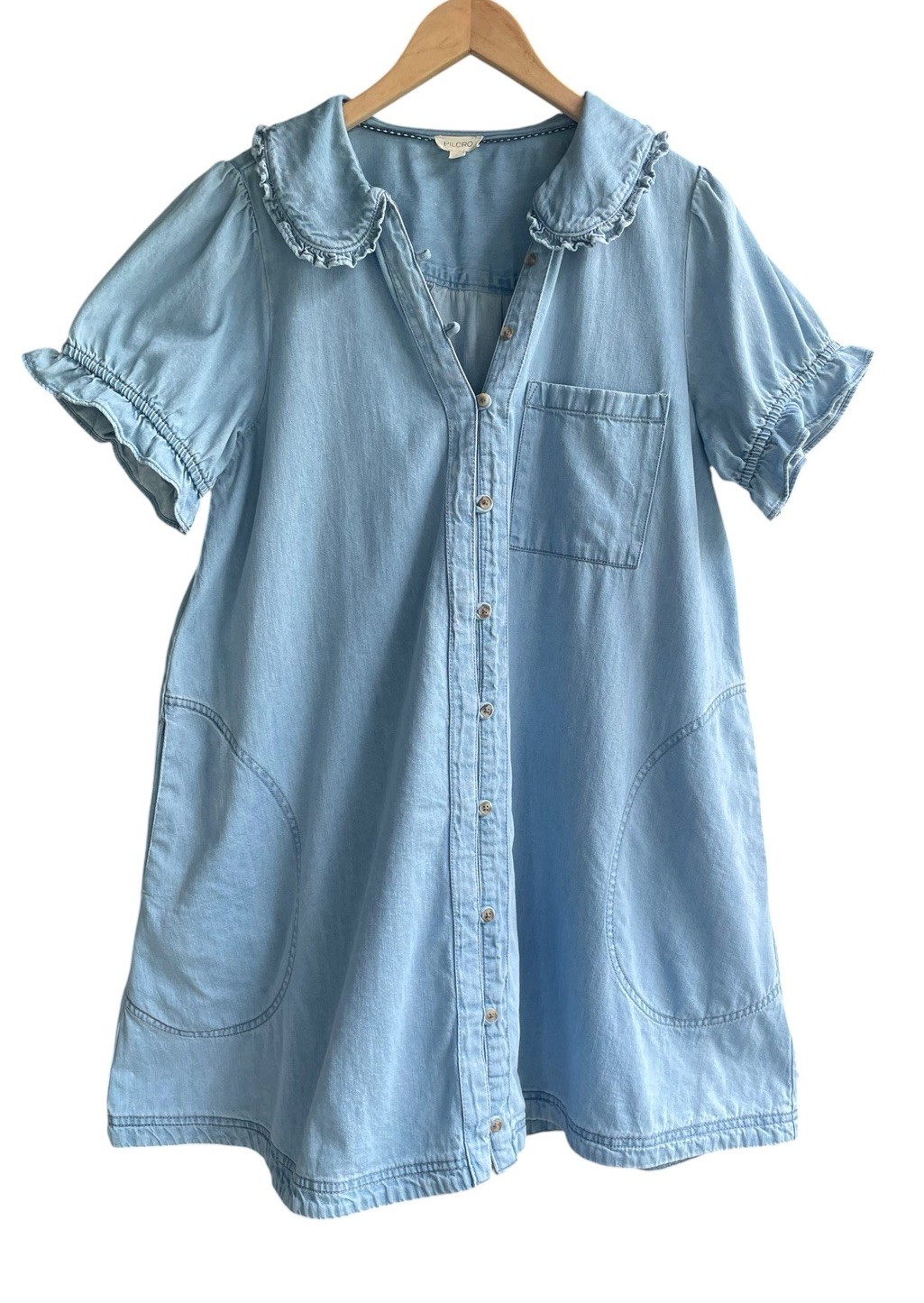 Anthropologie Pilcro Keira Denim Mini Dress Size L Babydoll Tiered ShirtDress