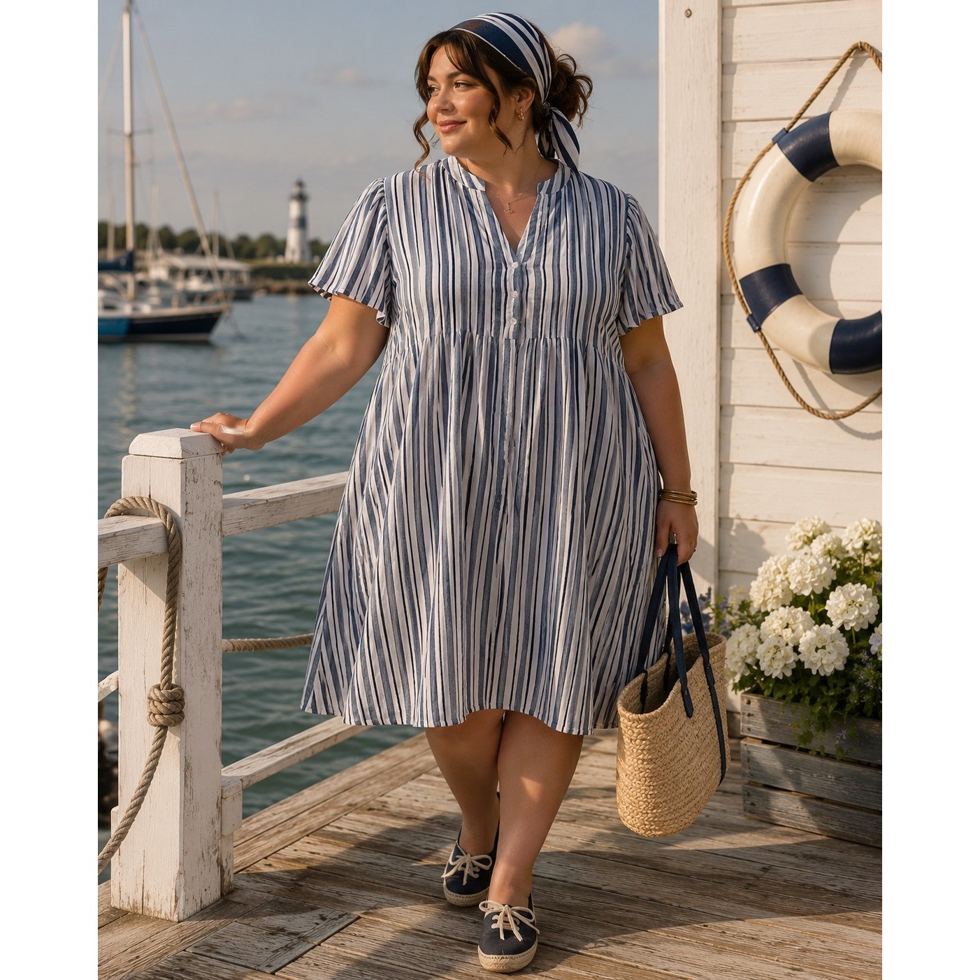Womens 2X White Black Striped Linen Blend Coastal Tunic Shirt Dress Nautical