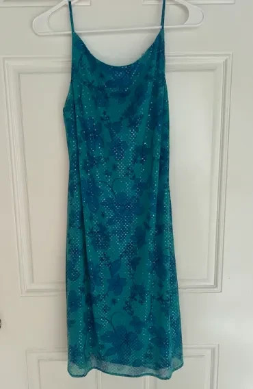 READ! Vintage Teal Sparkle Dot Hawaiian Floral Sleeveless Midi Dress