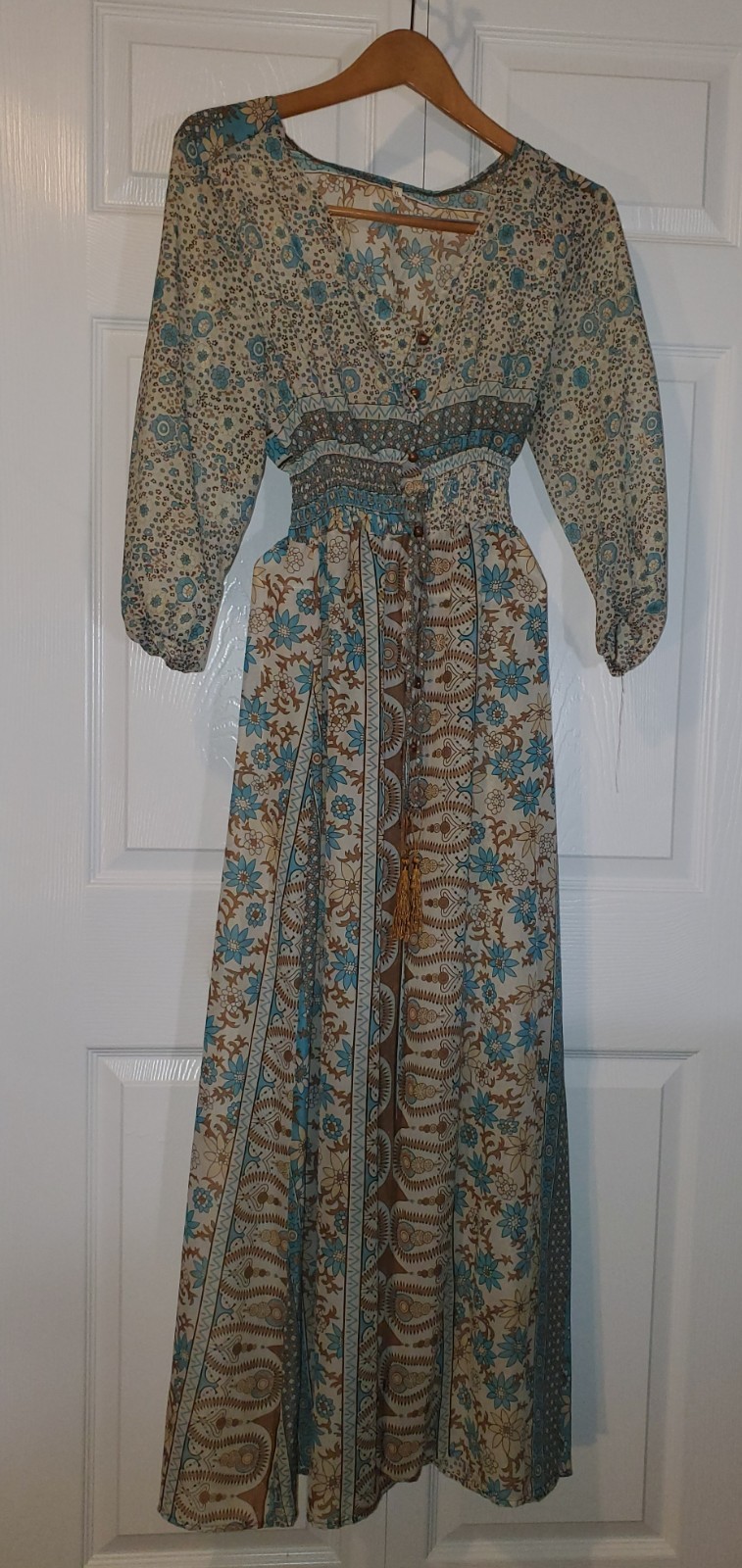 Boho Resort Maxi Dress Fiji XL Smocked Waist Tassel Tie Patchwork Print