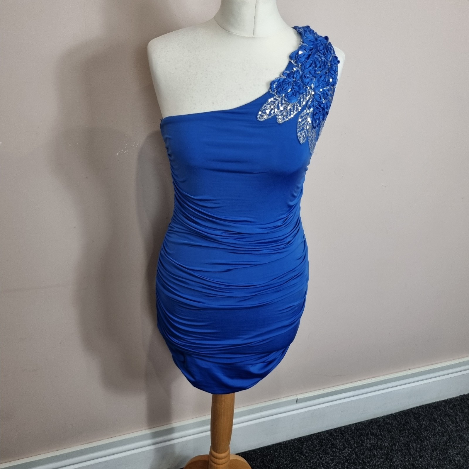 Vintage Jane Norman One Shoulder Blue Mini Ruched Dress Size 10 To 12