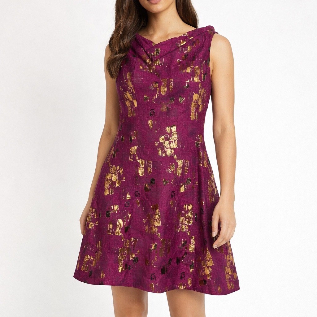 B Michael America Metallic Brocade Dress Magenta Gold Size 10