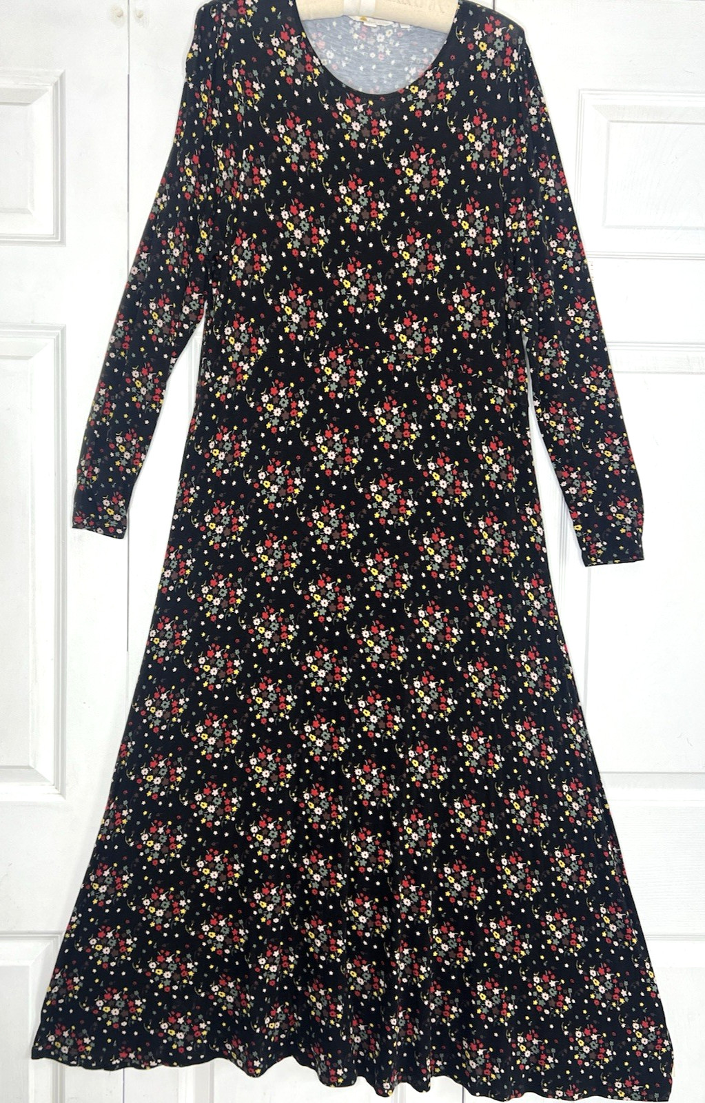 BODEN Sz US 14 Long Jersey Dress Stretch Black Green Red Yellow Floral Womens
