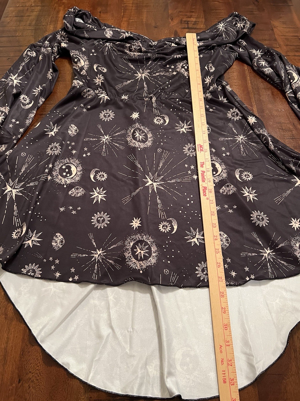 Womens XL Celestial Moon Stars Sun Off Shoulder Mini Dress Bell Sleeve Goth Boho