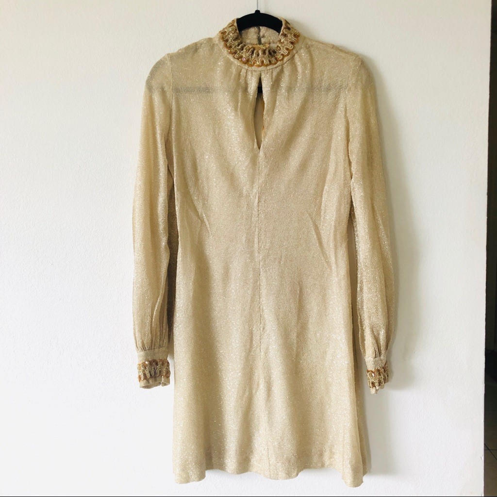 Gold Shimmer Embellished Long Sleeve Midi Dress M