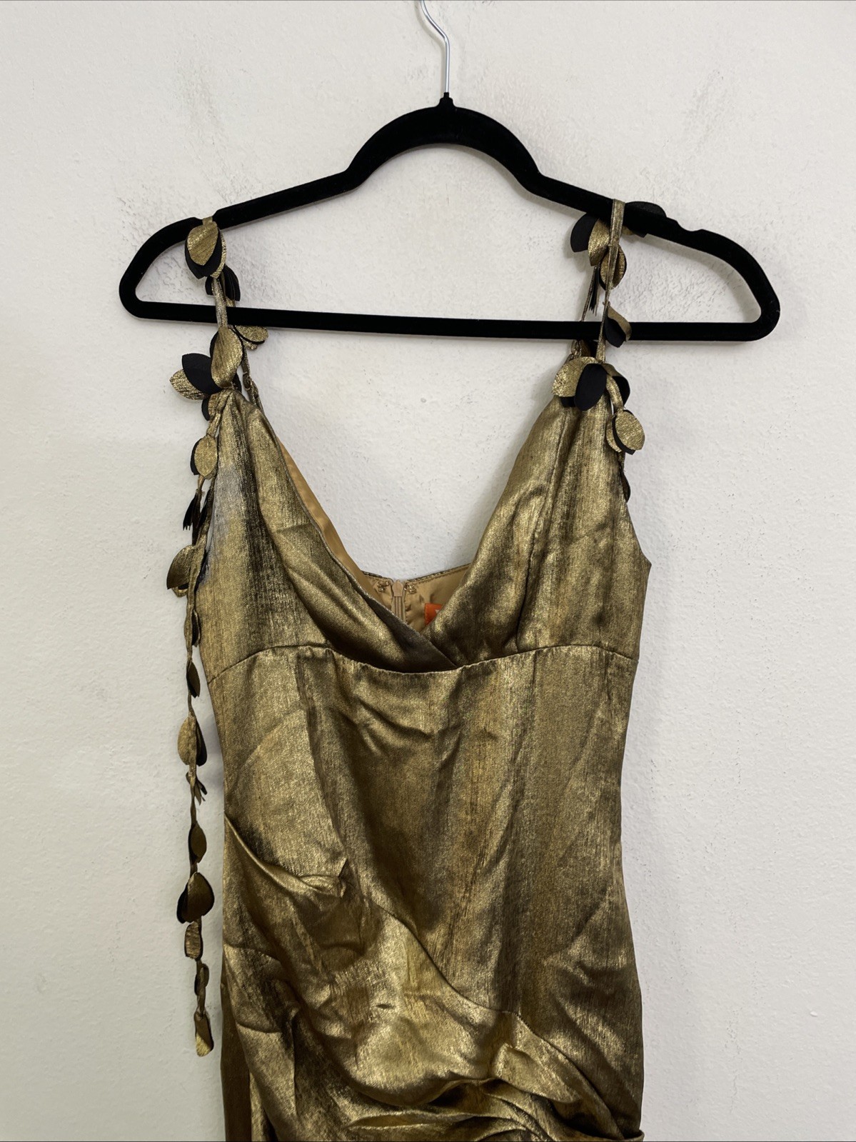 YAURA Ileri Dress draped leaf gold satin asymmetrical hem size S NWT $280msrp