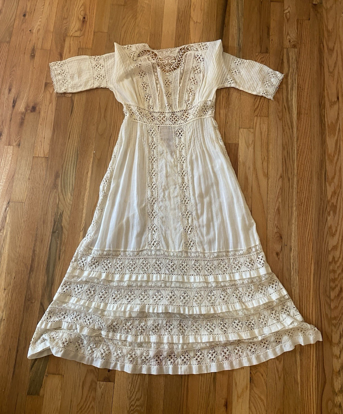 Vintage White Solid Lace Button Front Short Sleeve Midi Dress Women’s Size S