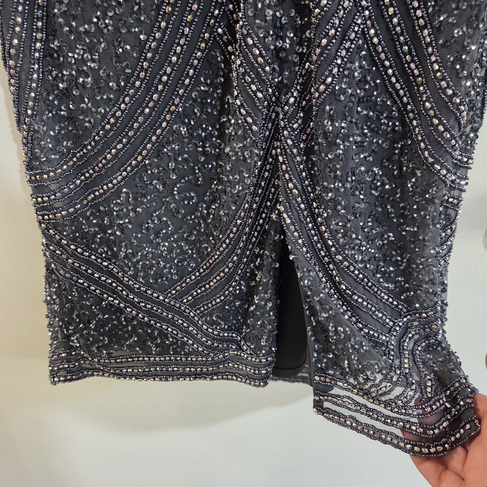 Pisarro Nights Size 8 Beaded Short Sleeve Midi Dress Slate Blue NWOT