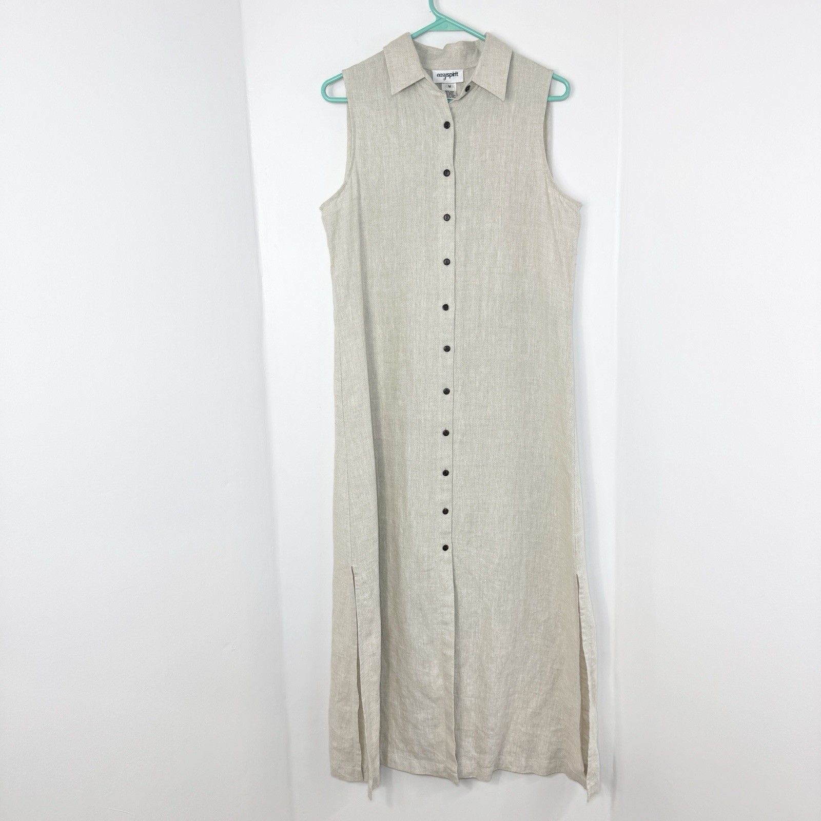 Vintage 100% Linen Maxi Shirt Dress M Sleeveless Minimalist Button Front Neutral