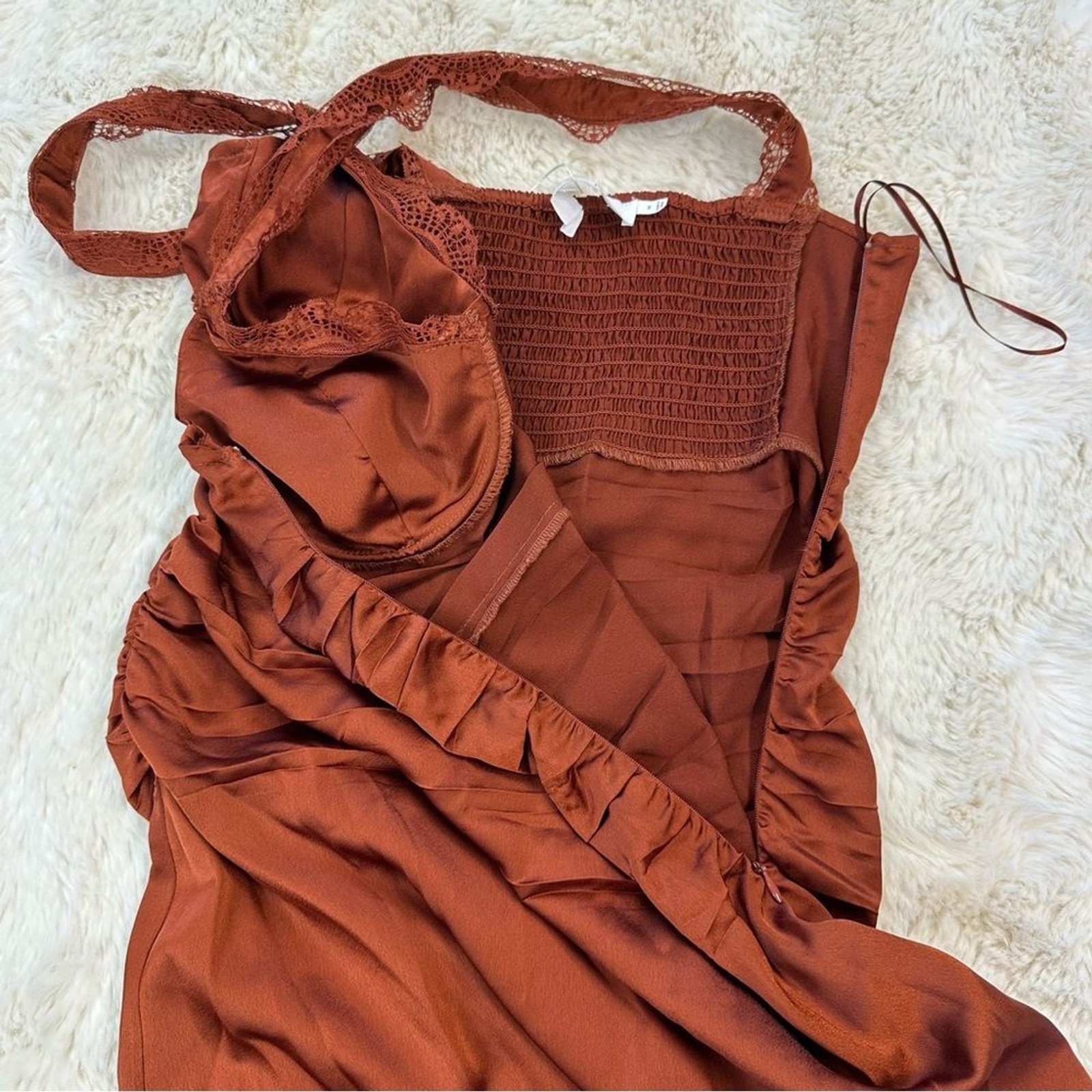NEW! ASTR The Label Rust Copper Satin Lace Detail Ruched Underwire Midi Dress, M
