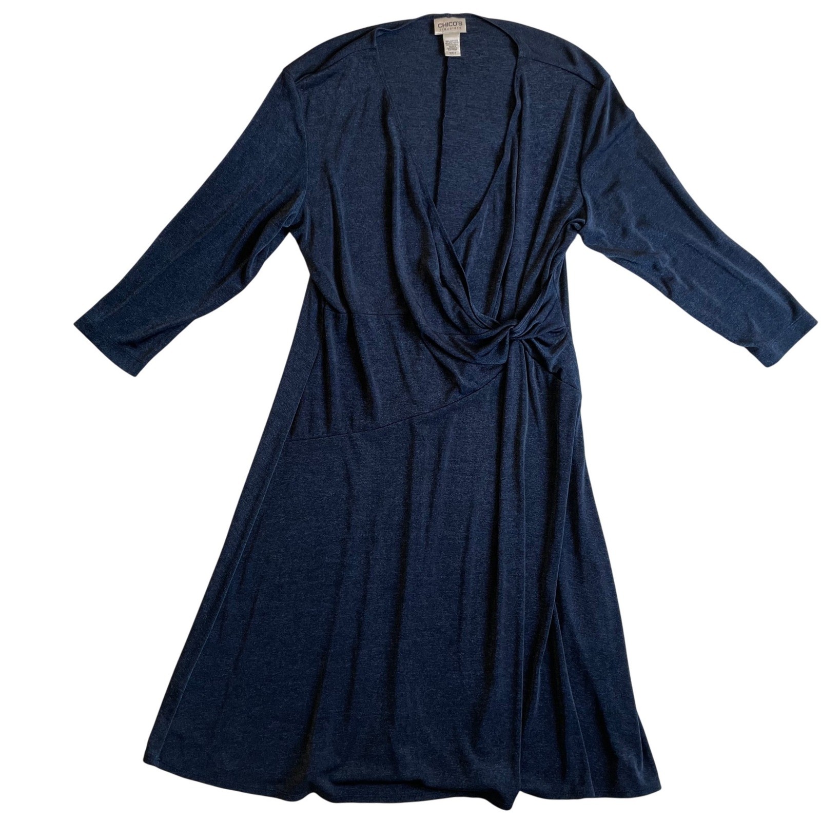 Chico’s Travelers Knot Front Dress Blue Acetate Blend 3/4 Sleeve, Size 3