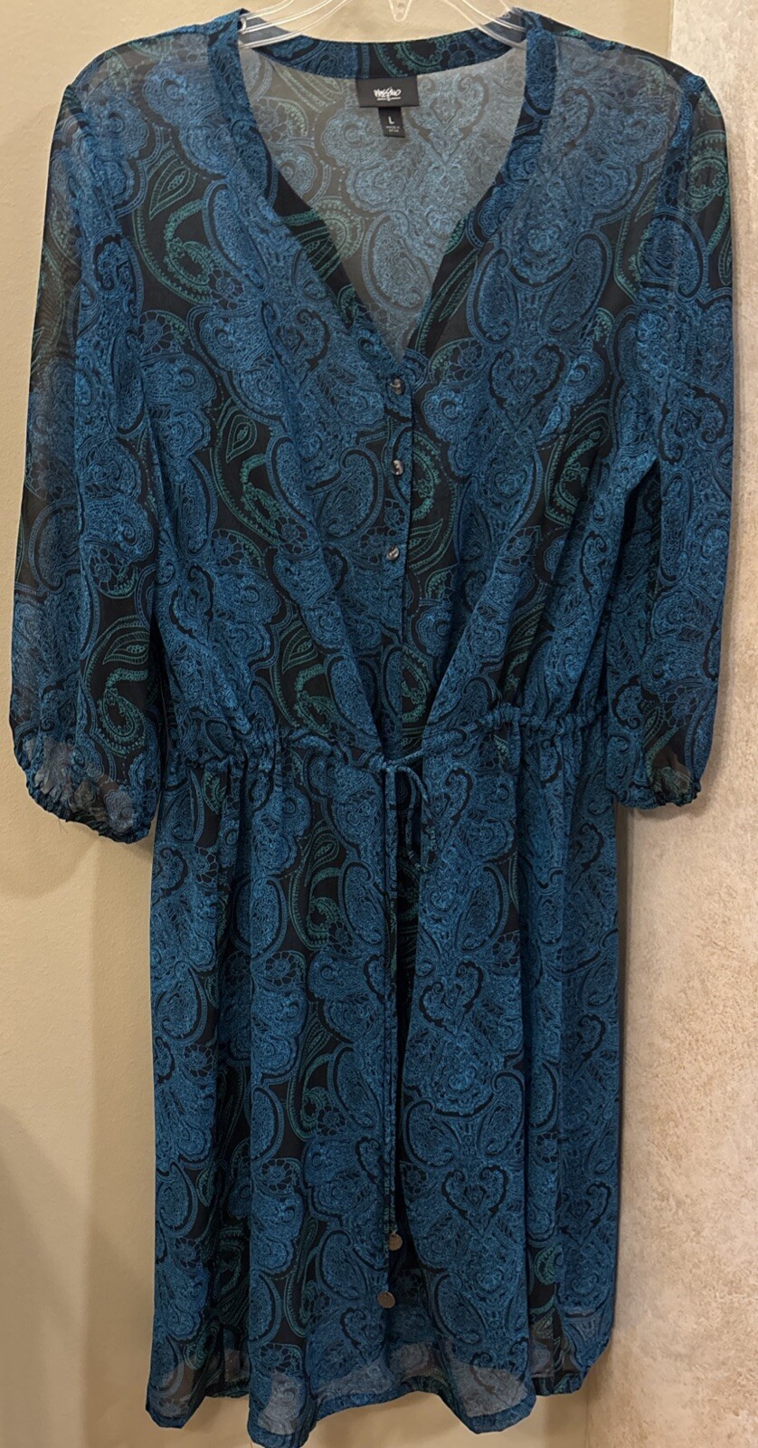 Mossimo Sheer Teal Blue&Green Paisley Print 3/4 Sleeve Drawstring Waist Dress L