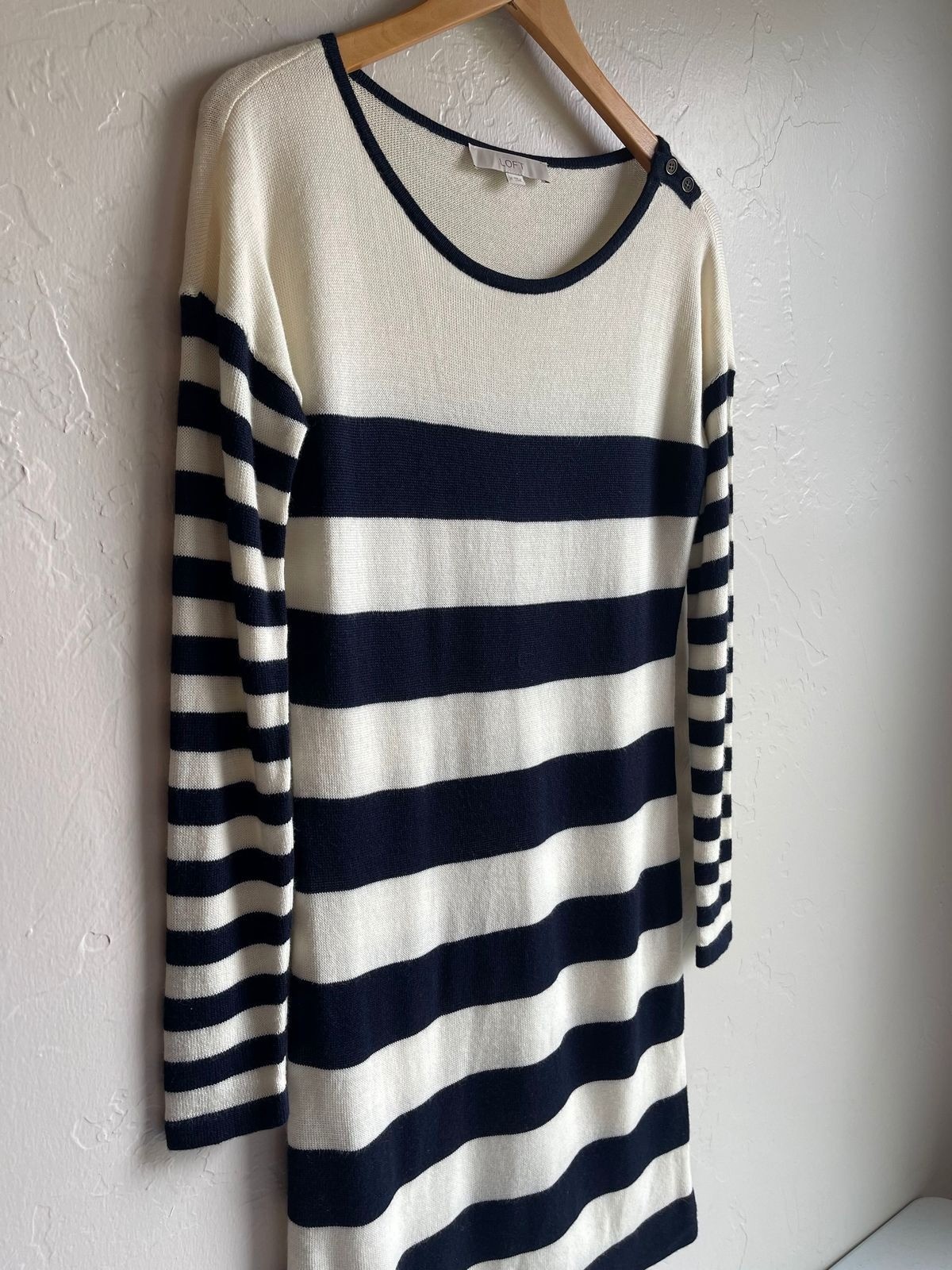 LOFT Wool Blend Striped Navy & Cream Sweater Dress Size Medium