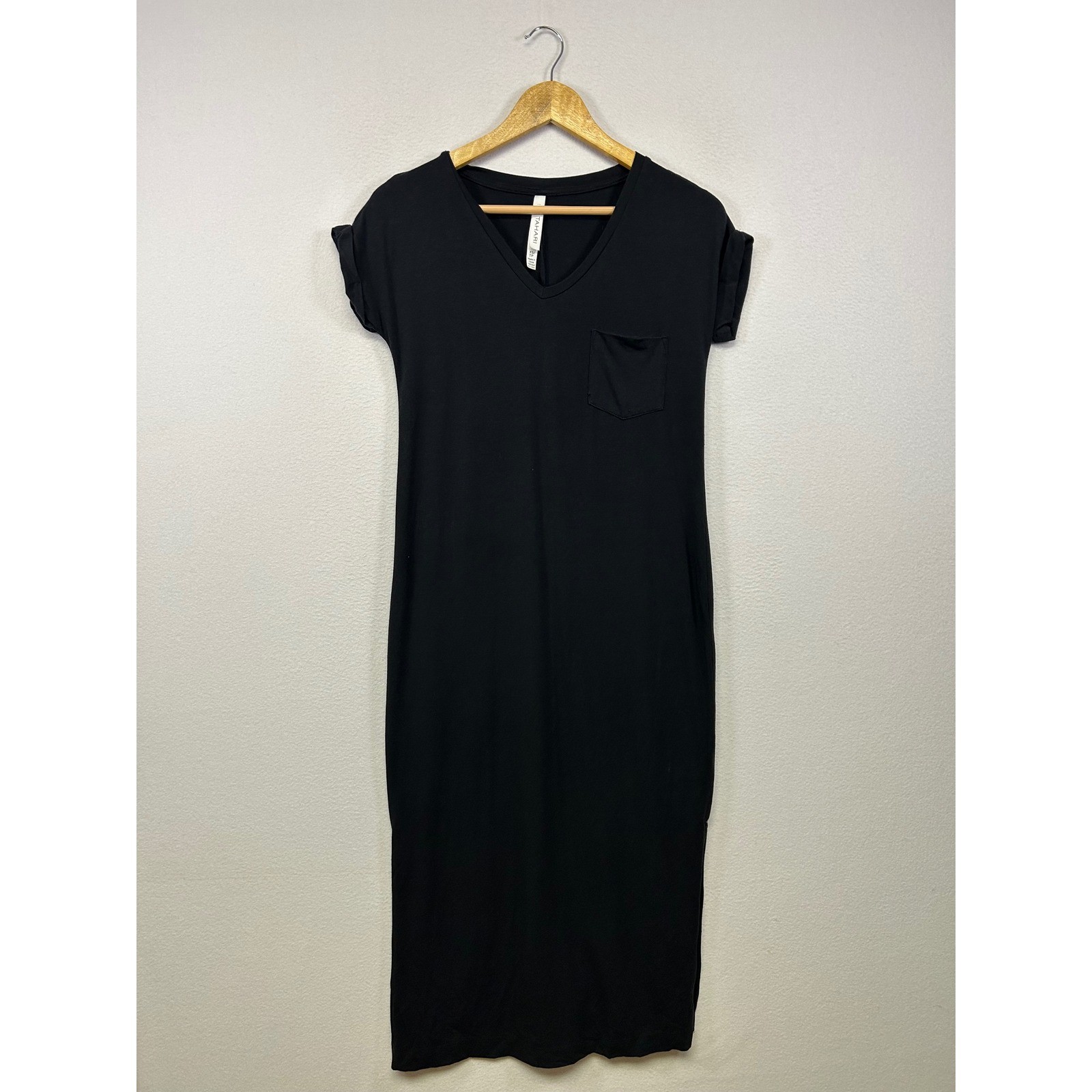 Minimalist Tee Tahari Womens XS Black Pima Cotton Modal V-Neck Midi Pocket Dress