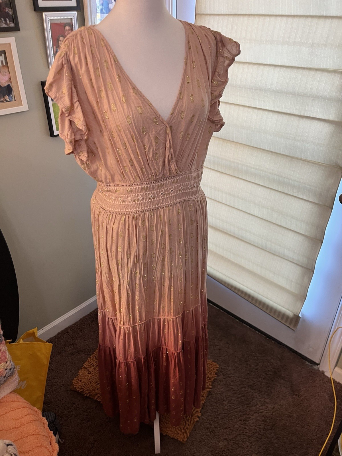 Sweet Magnolia Pink Womens Large Maxi Dress Ombre Boho Peasant Gold Thread