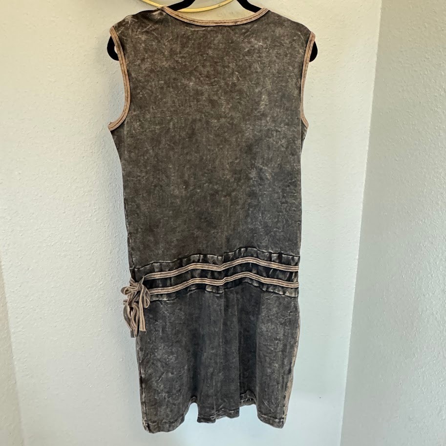 Boho Patchwork Floral Embroidered Mineral Wash Sleeveless Tunic Dress Brown Grey