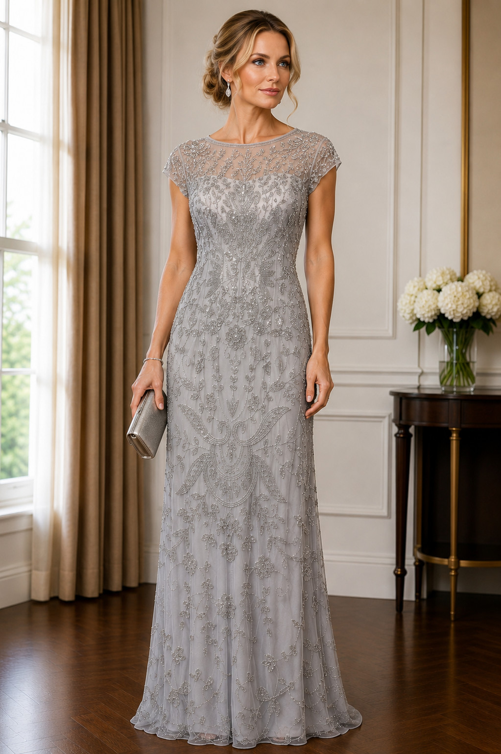 Aidan Mattox Silver Beaded Evening Gown Women’s, Size 8