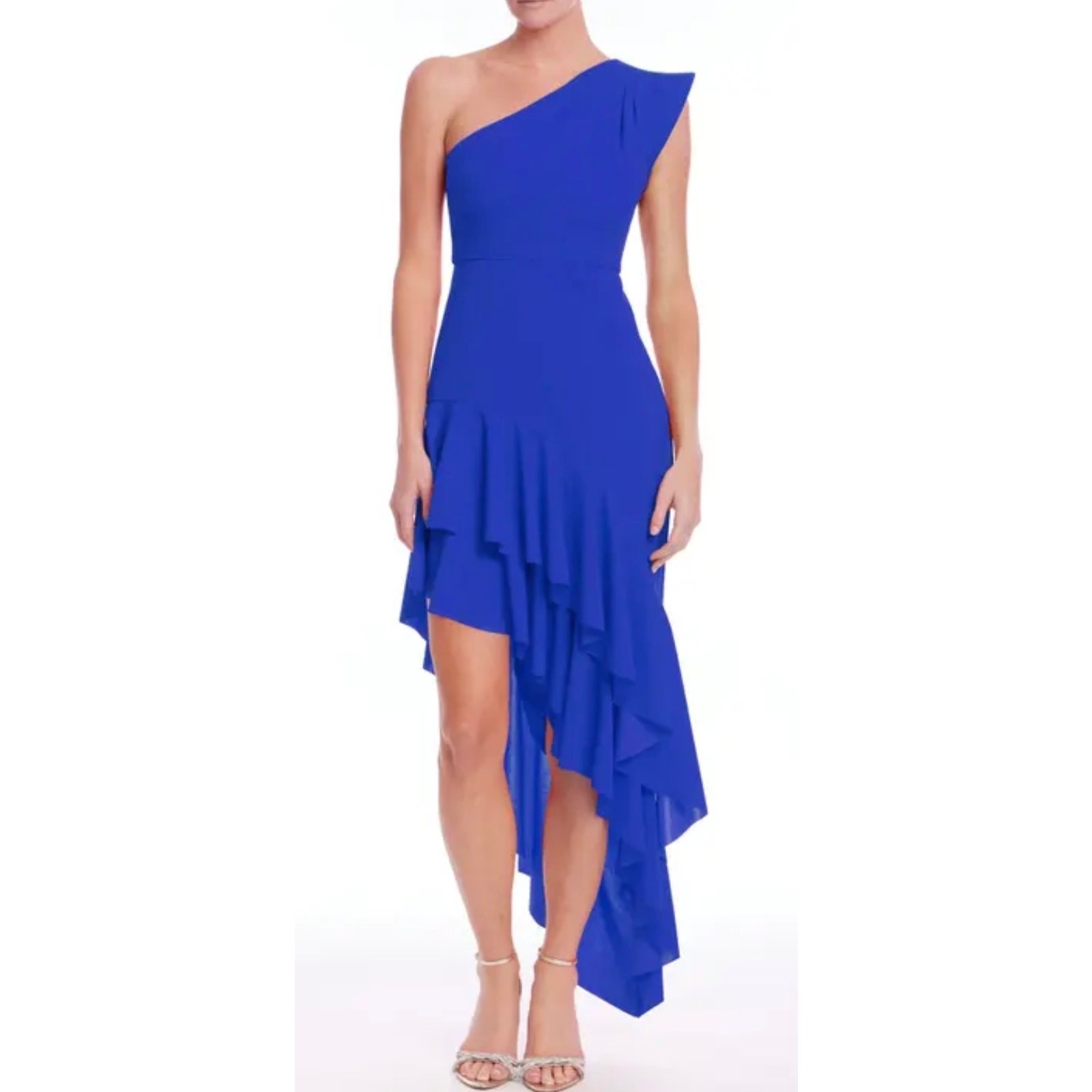 Jewel Badgley Mischka Blue Ruffle One Shoulder Asym Hem Cocktail Dress 4 NWT