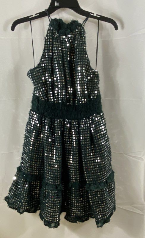 Anthropologie Women’s Dark Green Sequin Floral Shag Mini Halter Dress Sz S NWT