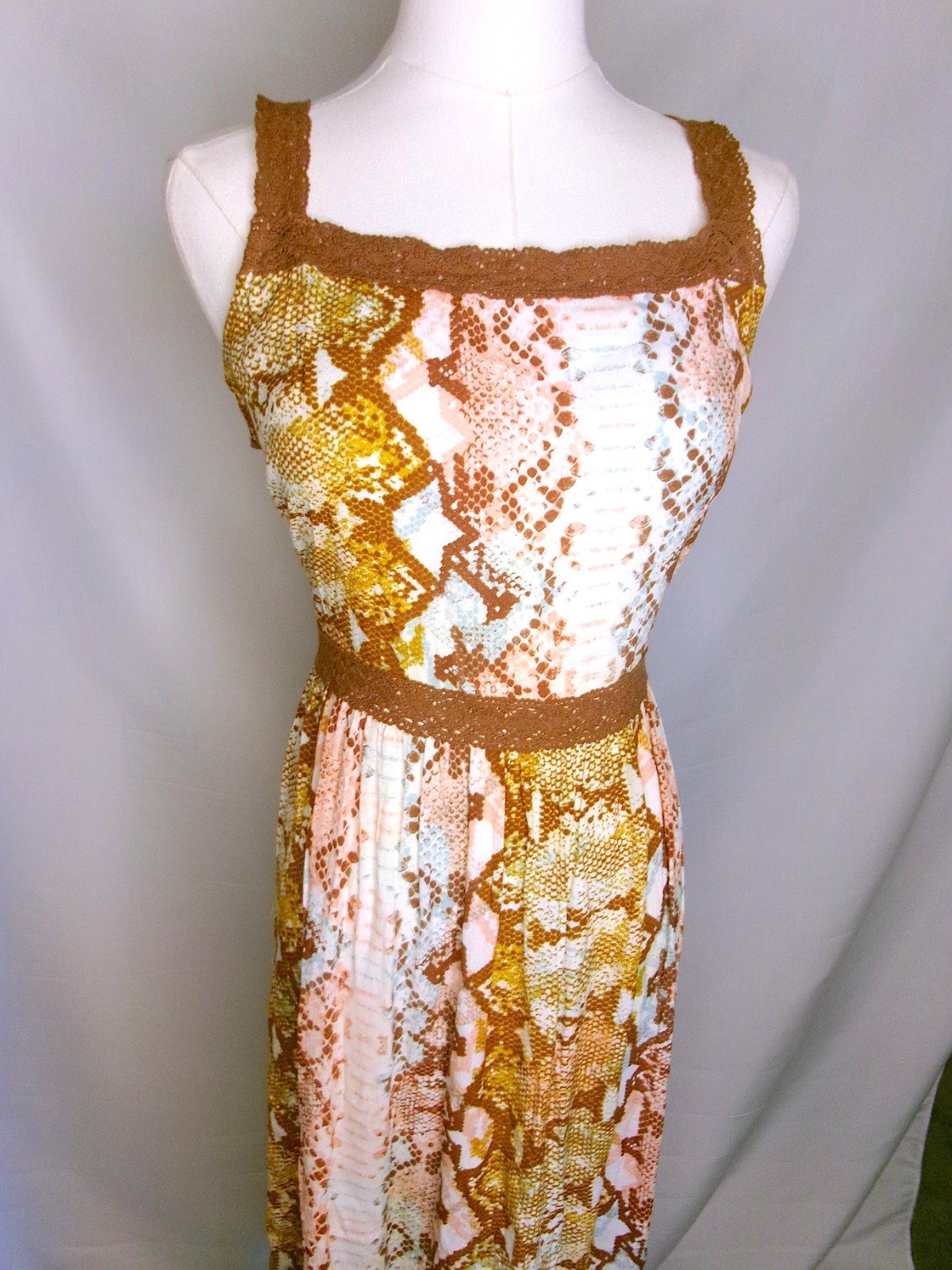 Wrangler Retro Snake Print Maxi Dress Womens Small Boho Crochet Trim Sleeveless