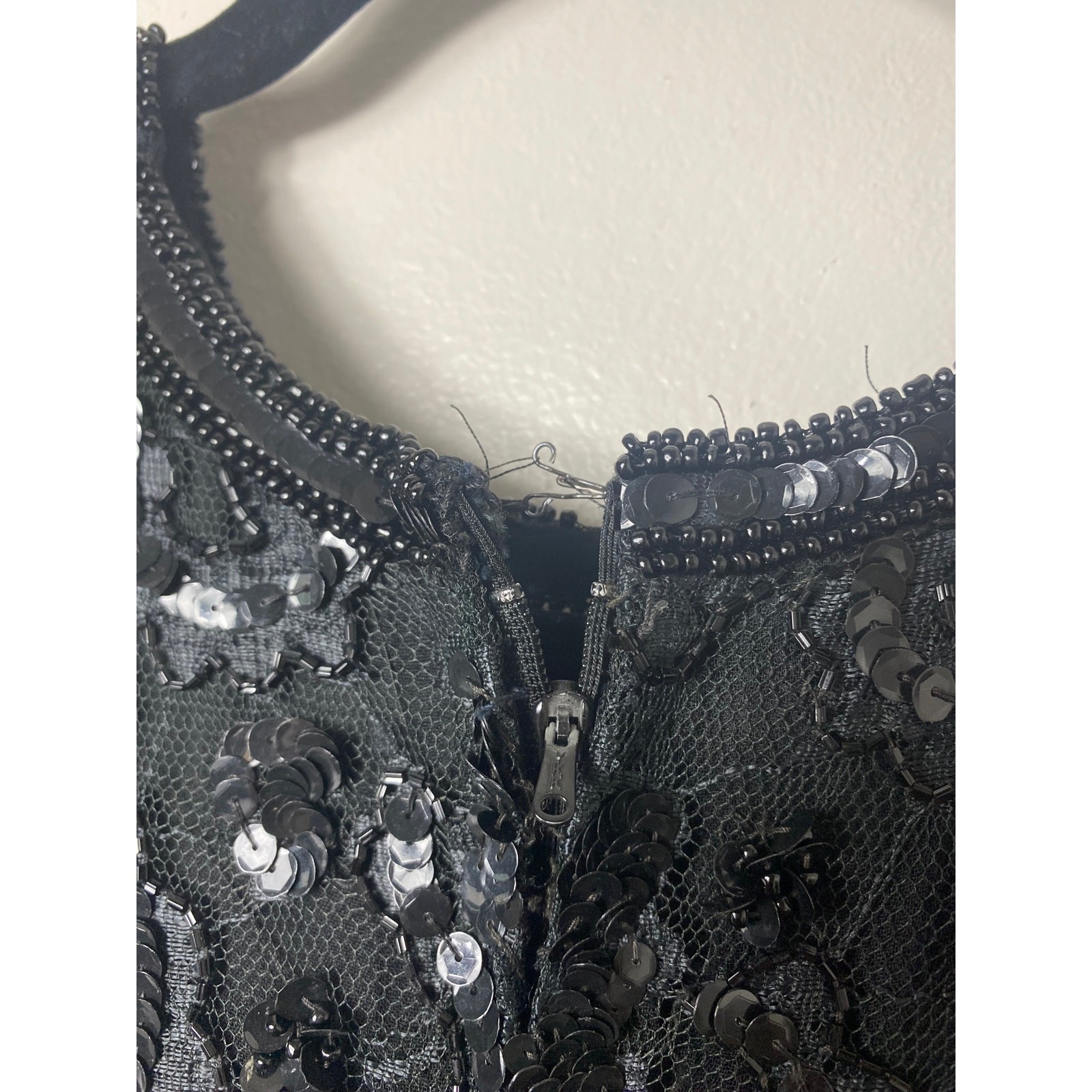 VINTAGE JUDITH ANN DRESS M BLACK SEQUIN BEADED TIERED RUFFLE SHEER MESH LACE
