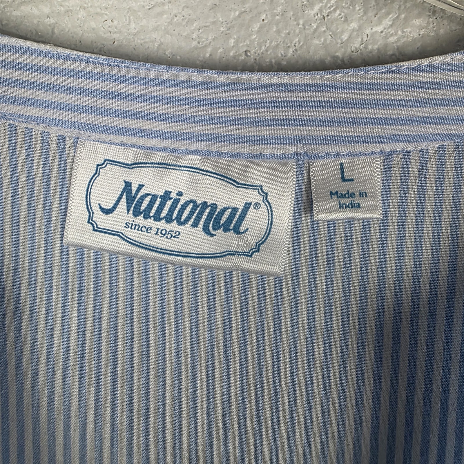 National Blue White Stripe Tiered Midi Dress L Rayon Casual Cottagecore Coastal
