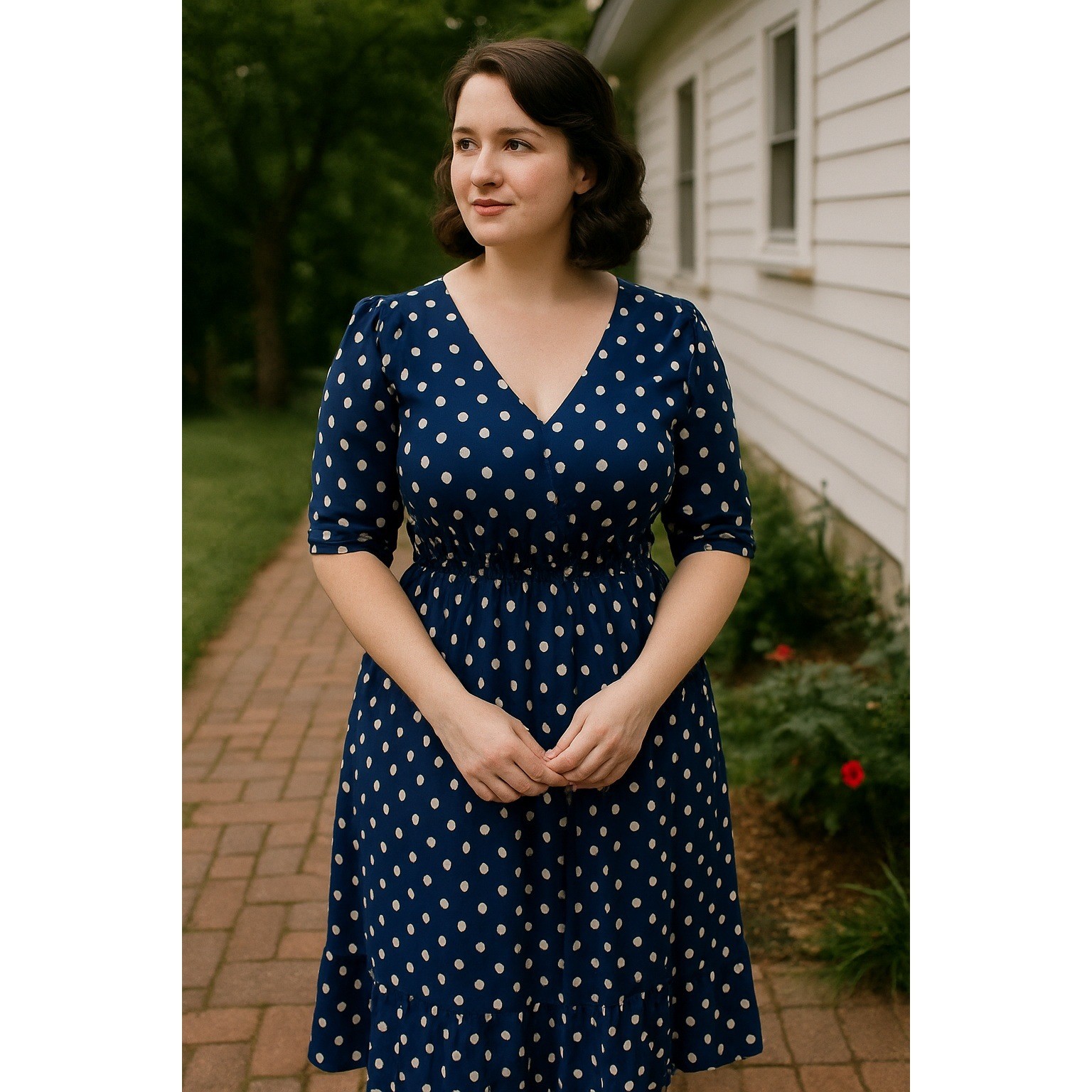 Tradwife Office Teacher Navy White Polka Dots Midi 16W Dress Comfy Work Outfit
