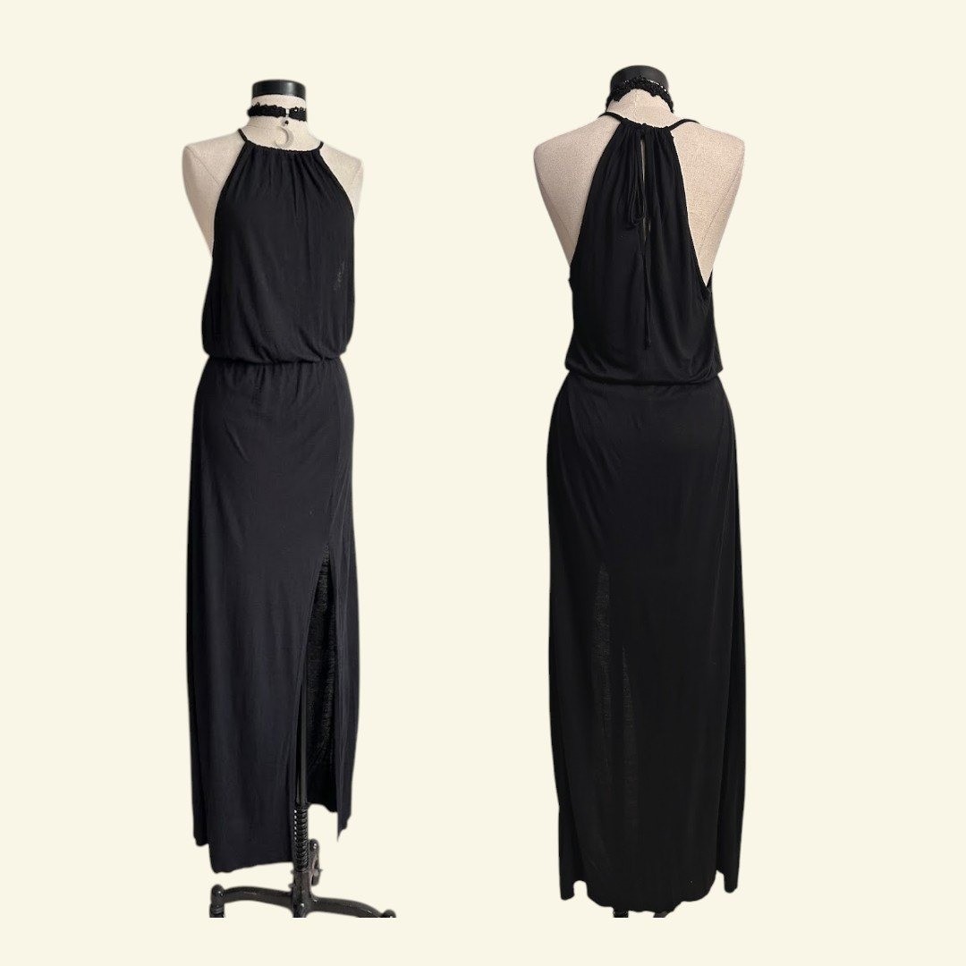 Black Halter Maxi Dress High Slit Elastic Waist Stretchy LARGE Summer Vacation