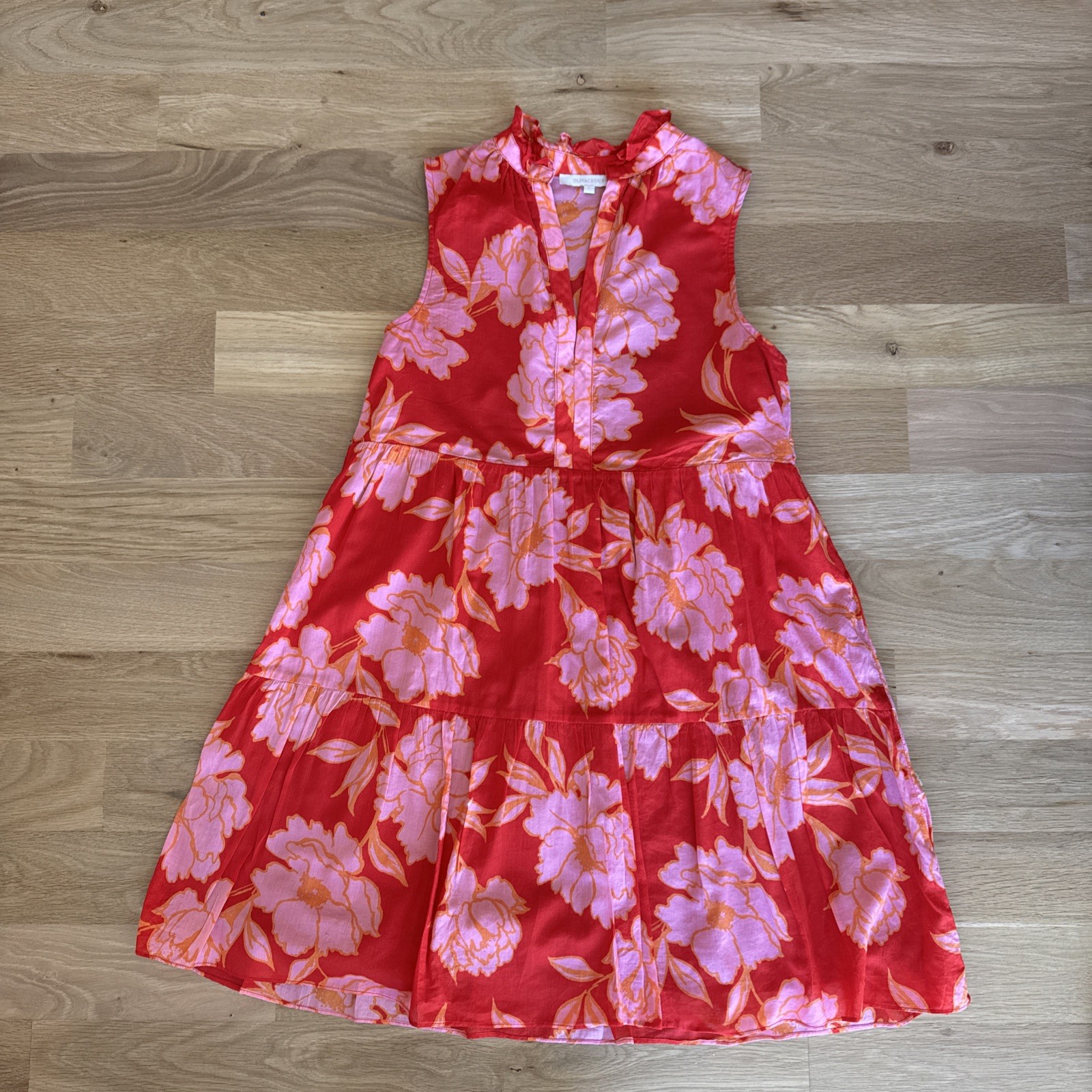 Olivaceous Red Orange And Pink Blossom Pattern Sleeveless Tiered Tunic Dress S