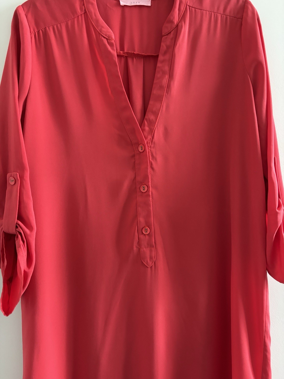 LUSH Dress Red V Neck Tunic Shift Button Roll Tab Women M Minimalist Classic USA