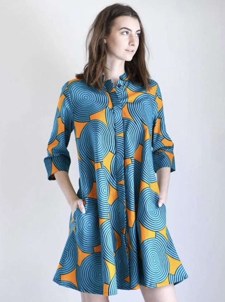 ZURI Kenya Sz M Medium Hypnosis Teal Orange 100% Cotton Shirt Dress 3/4 Slv