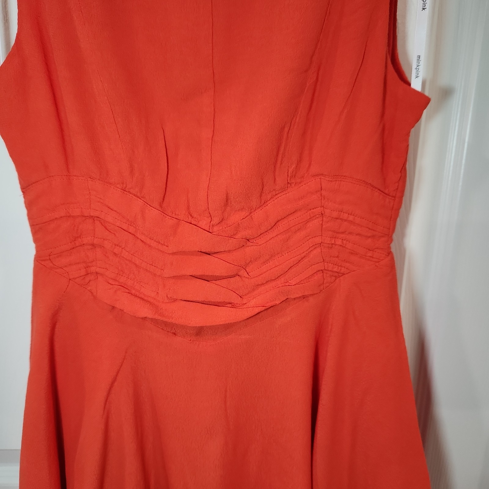 MINKPINK Orange Sleevless Mini Skater Dress Pleated Ruched Waist Womens Size S