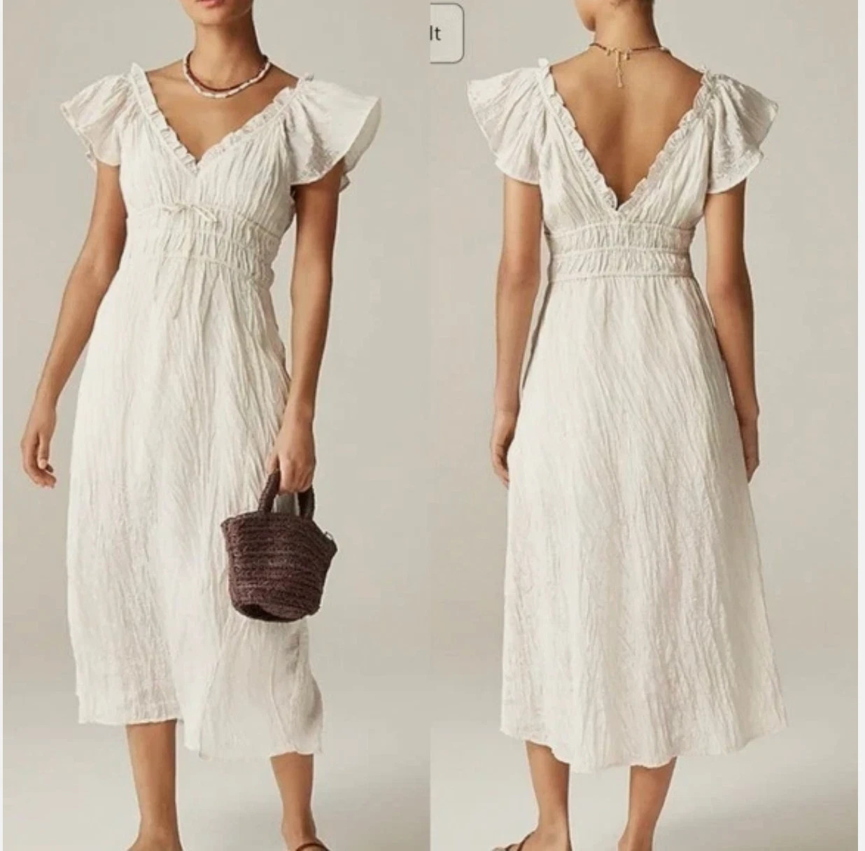 J Crew Palermo Crinkle Midi Dress Tall Medium Cream Boho Resort Coastal NWT