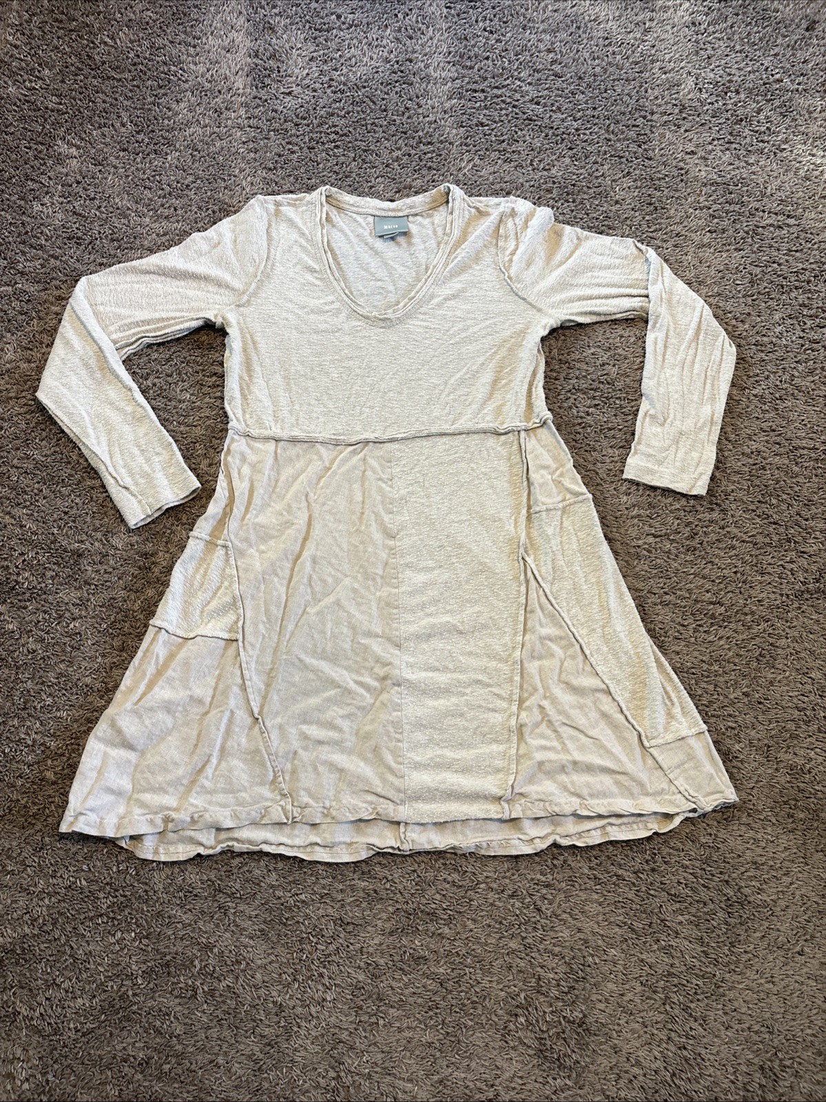 Maeve Oatmeal Boucle Knit & Solid Panel A Line Dress Women’s Size L Large