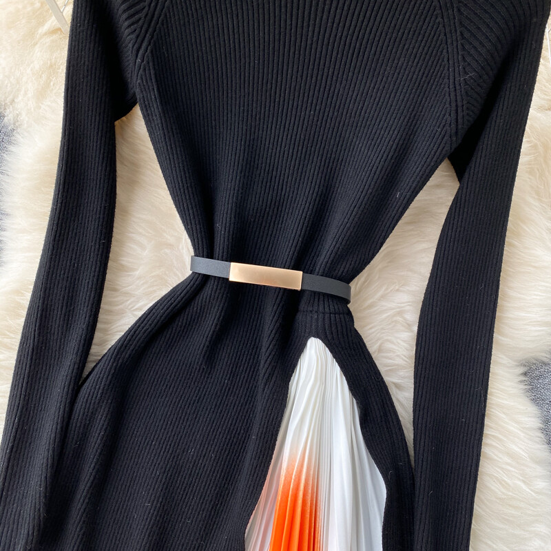 Lady Slim Knitted Midi Dress Pleated Black Long Sleeve Swing Gradient Casual