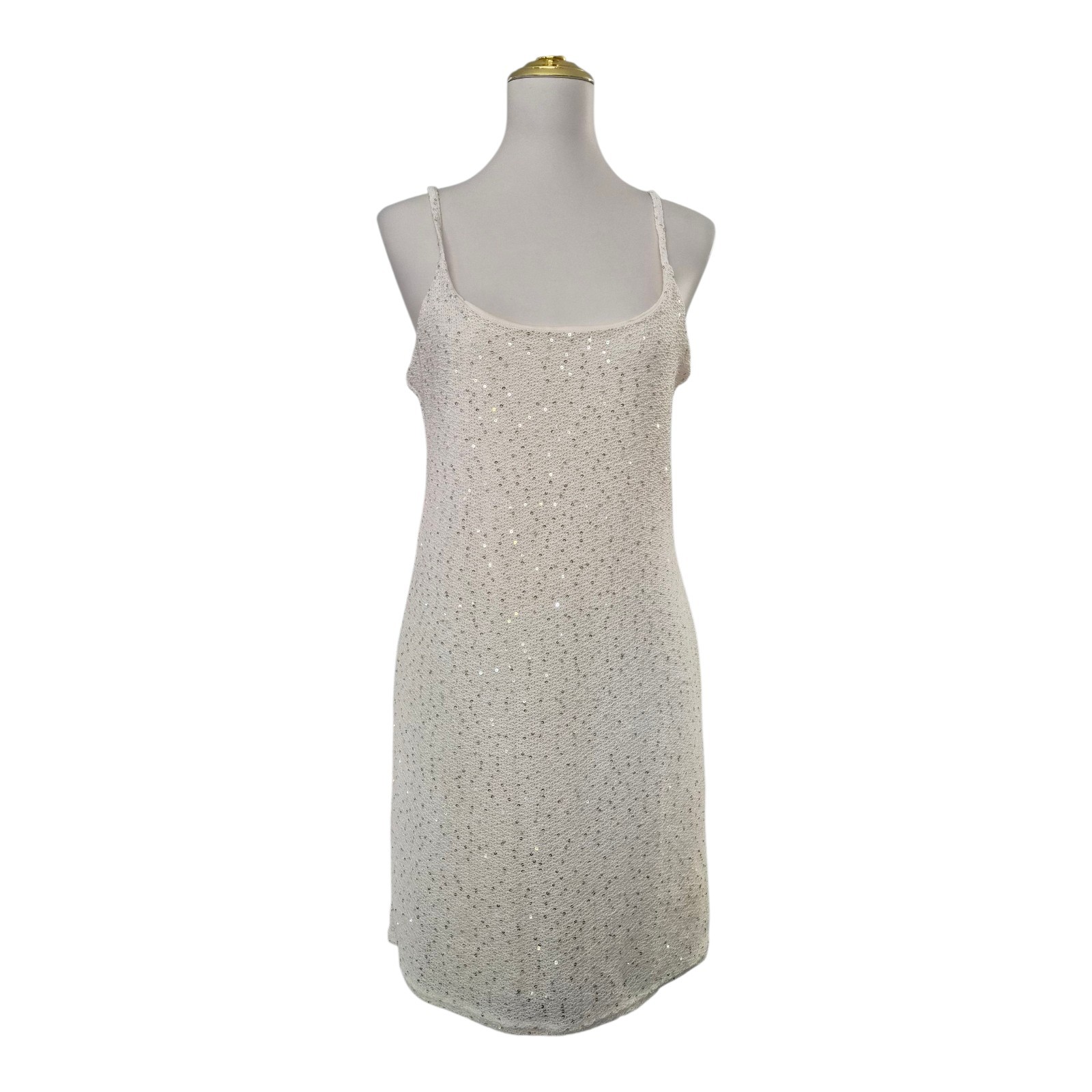 MANGO Sequin Knit Mini Dress Light Beige Women’s Size L Sleeveless Scoop Neck…