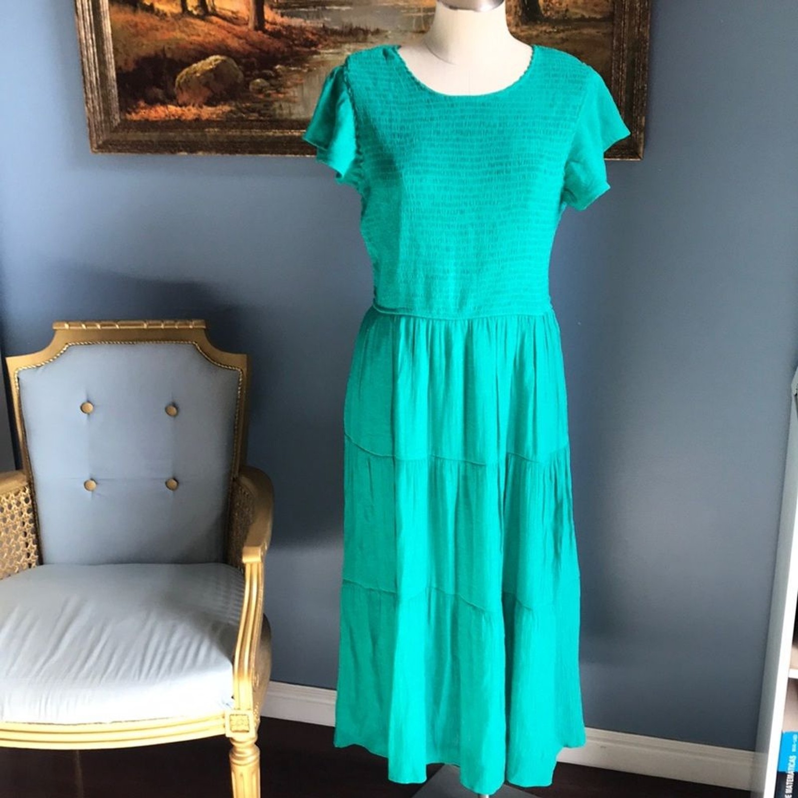 Perch Kelly green cottagecore short sleeves layered slip on flowy midi dress 1X