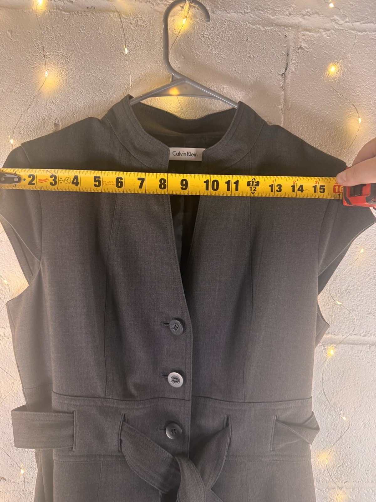 Calvin Klein Gray Sheath Dress Belted Button Front Career Office Midi Dress