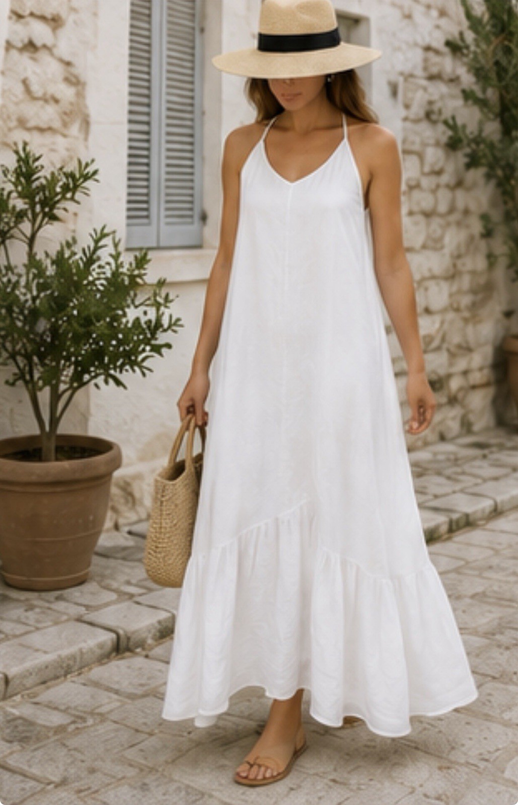 Made in Italy 100% Linen White Halter Maxi Dress Open Back Ruffle Hem L