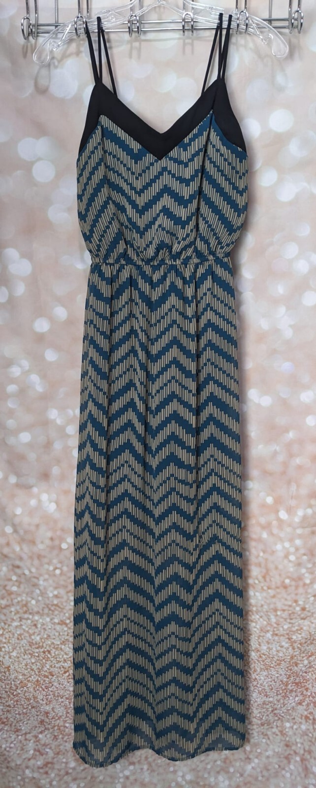 Women’s Juniors Dark Teal Tan & Black Maxi Dress with Slit in both sides Size S