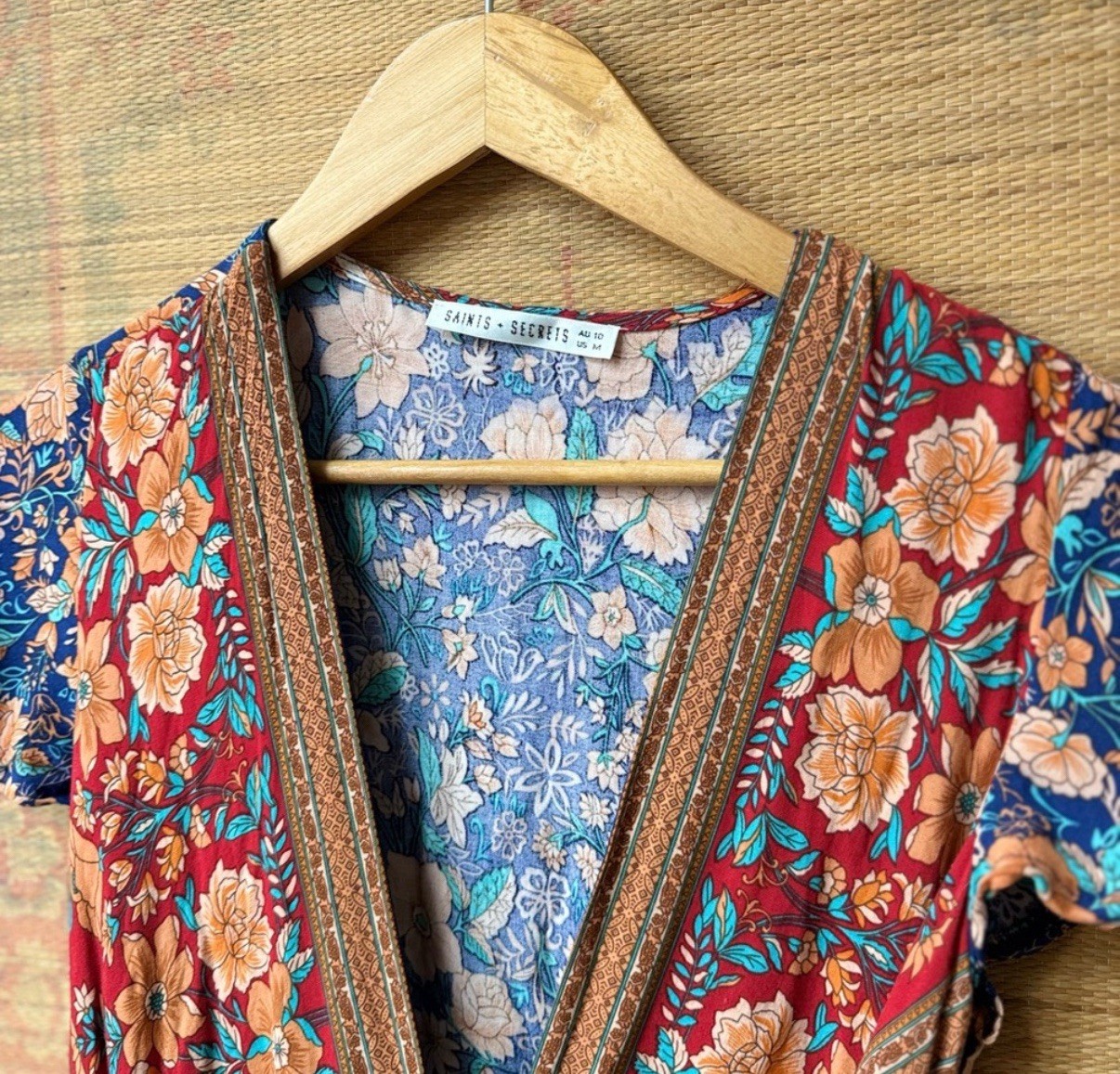 Saints + Secrets Boho Floral V Neck Wrap Midi Dress Medium
