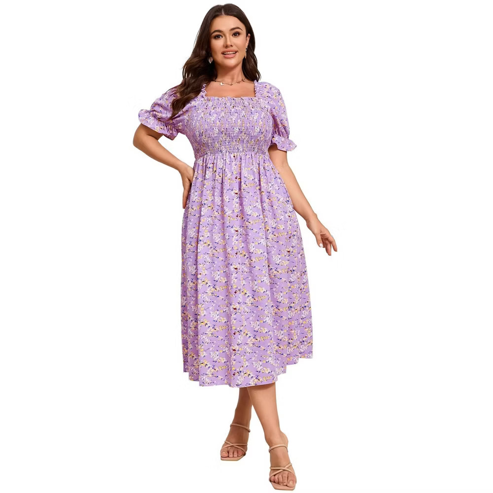 Clearlove Women Plus Size Square Neck Puff Short Sleeve Self Tie Front