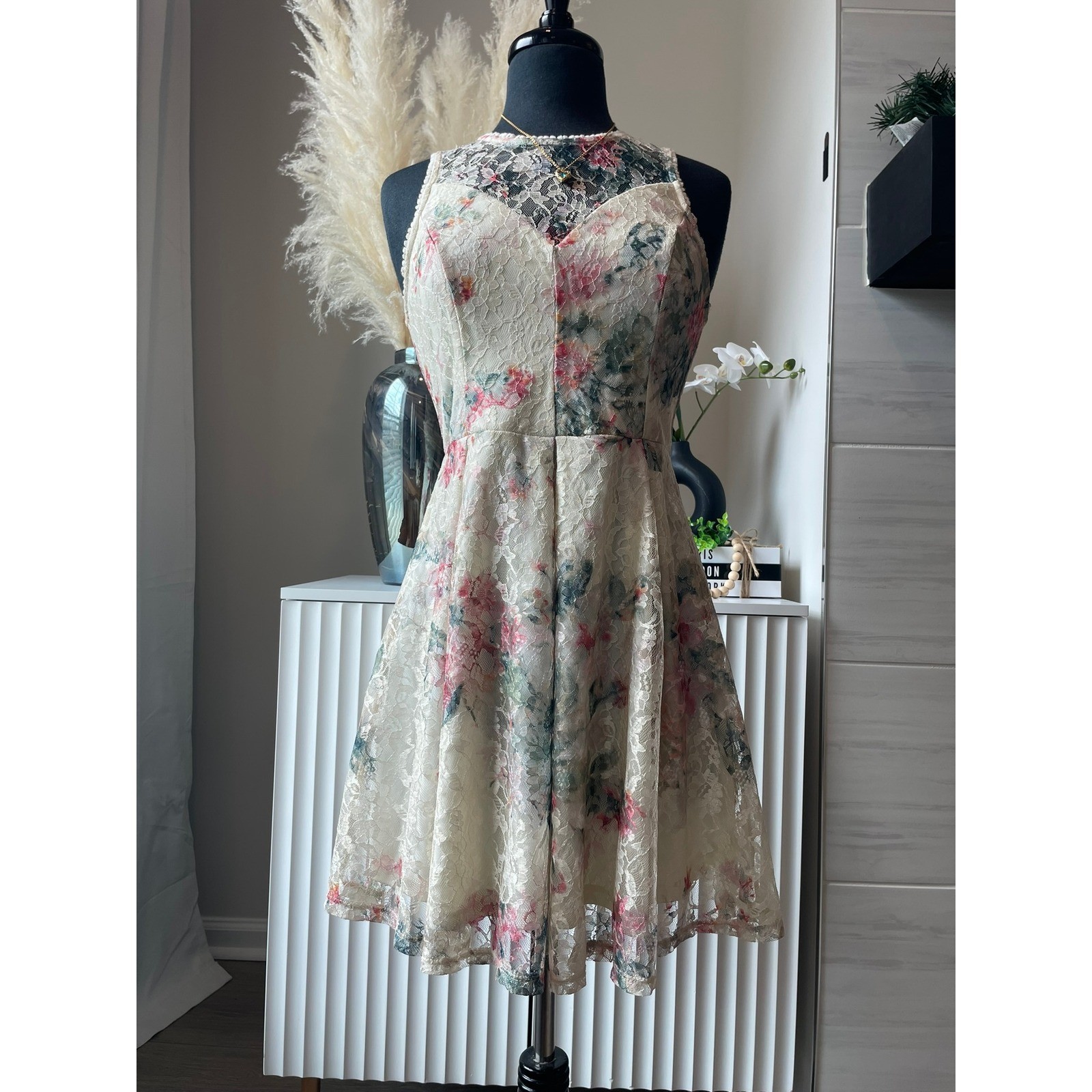 Altar’d State Cream Floral Lace Fit & Flare Mini Dress Sleeveless M