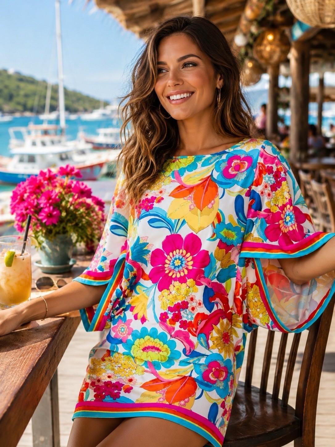 Trina Turk SZ M Multicolor Floral Boat Neck Shift Short Dress Kimono 3/4 Sleeve