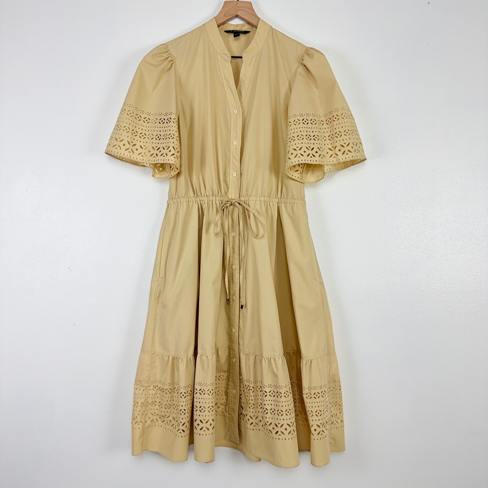 Lauren Ralph Lauren Eyelet Laser Cut Poplin Midi Dress Size 8 Beige Feminine