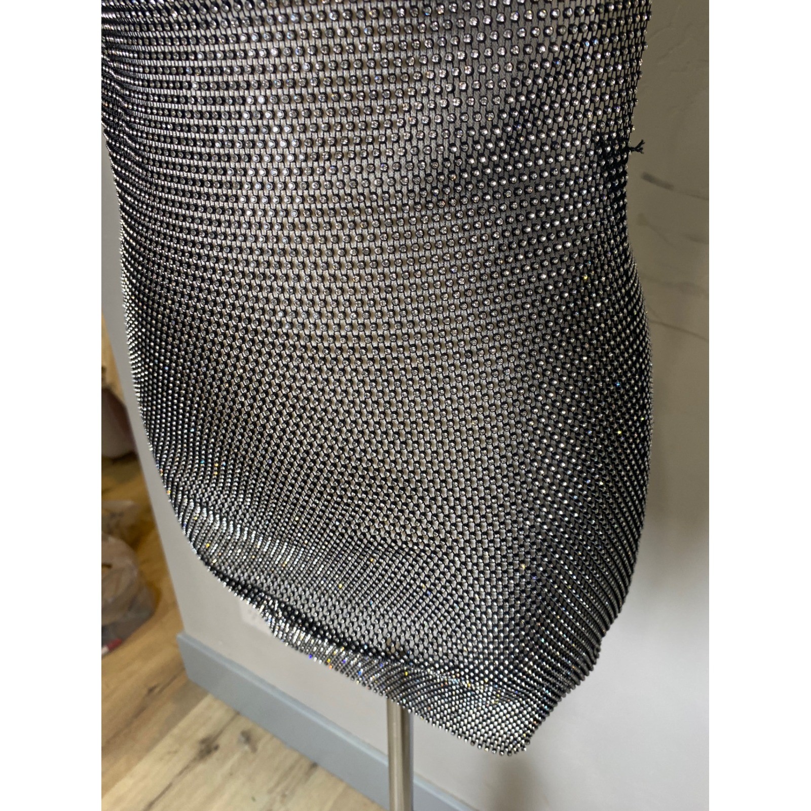 Rhinestone Mesh Mini Dress Black Silver Cowl Neck Open Back Festival Clubwear