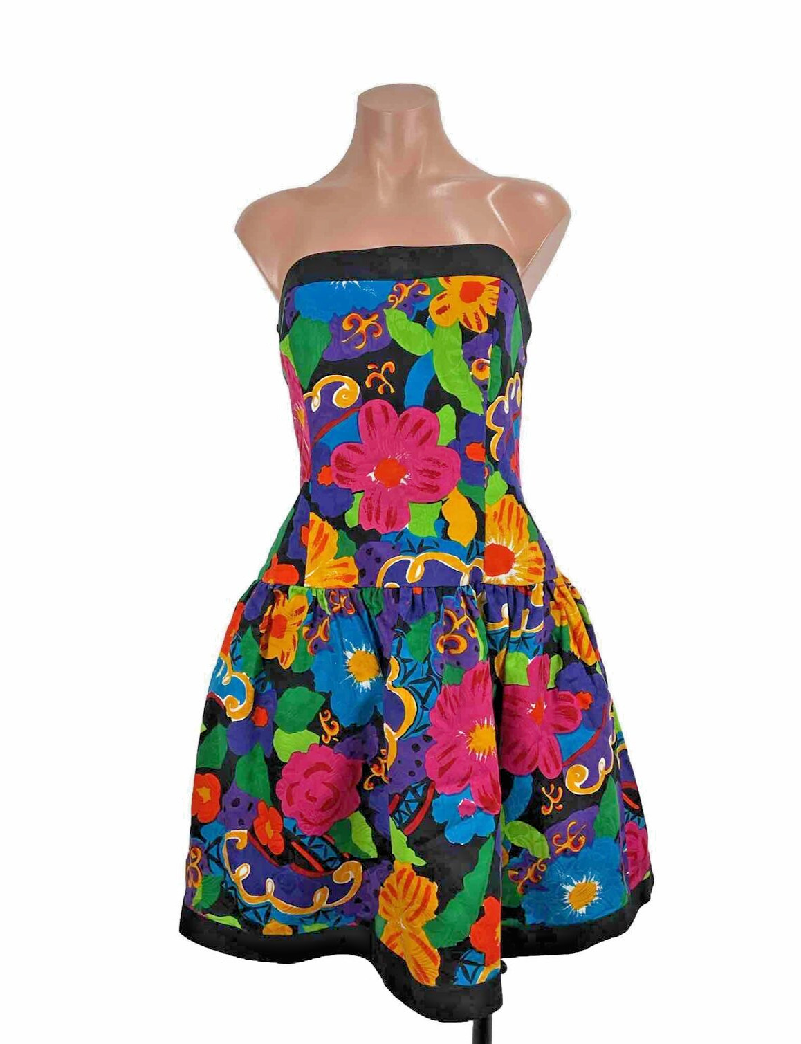 Vtg A.J. Bari Black Floral Print Cotton Strapless Fit Flare Dress Sz 14 NWT 90s
